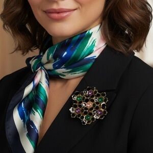 Vintage Enamel Rhinestone Flower Brooch Pin